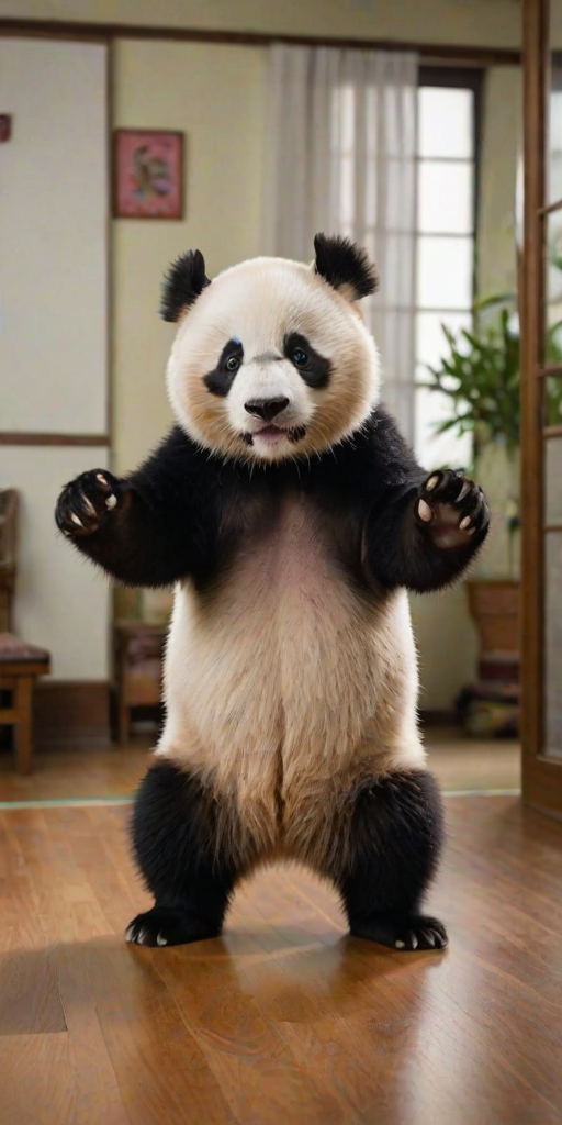 This high-resolution photograph captures a charming panda named Huahua, depicted standing upright on her hind legs in an indoor environment. Huahua has her distinctive black and white fur, and her front paws are raised, suggesting a sense of determination or frustration. Her posture is strong and assertive, with her legs slightly apart and her paws positioned as if she is preparing to take action.