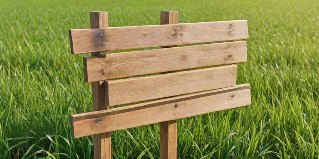 create a wooden signboard with multiple blank planks, mounted on a wooden post, surrounded by green grass.