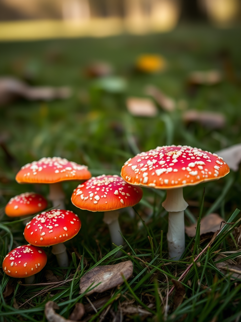 Capture a close-up shot of vibrant red mushrooms with white spots on a grassy background, using a DSLR camera at f/2.8 aperture, ISO 200, 1/60 shutter speed, in natural light with a shallow depth of field for a soft background blur.