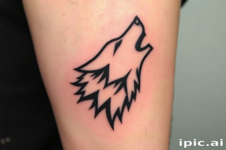 Minimalist geometric wolf tattoo with clean black lines forming angular shapes, creating a stylized representation of a howling wolf head, incorporating negative space for a modern and striking aesthetic