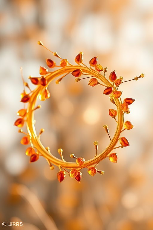 Create a circular design featuring golden branches adorned with amber gemstones, photographed with a Canon EOS R5, aperture set to f/2.8, 50mm lens, shallow depth of field, soft natural lighting for a warm glow.
