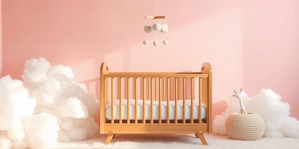 a soft nursery scene featuring a wooden baby crib with a mobile hanging above, surrounded by fluffy clouds on a pastel pink background, captured with a Canon EOS R5, 50mm lens, f/1.8, ISO 100, natural light for enhanced softness and clarity