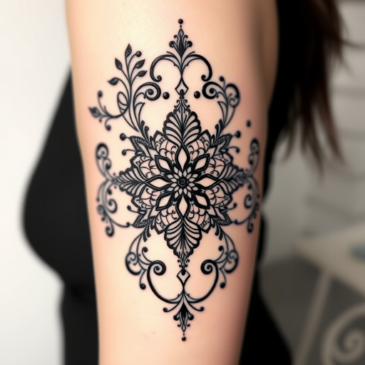 Ornamental blackwork tattoo named "Lace Elegance" depicting intricate patterns inspired by delicate lacework, with flowing lines and symmetrical designs creating a feminine and sophisticated aesthetic