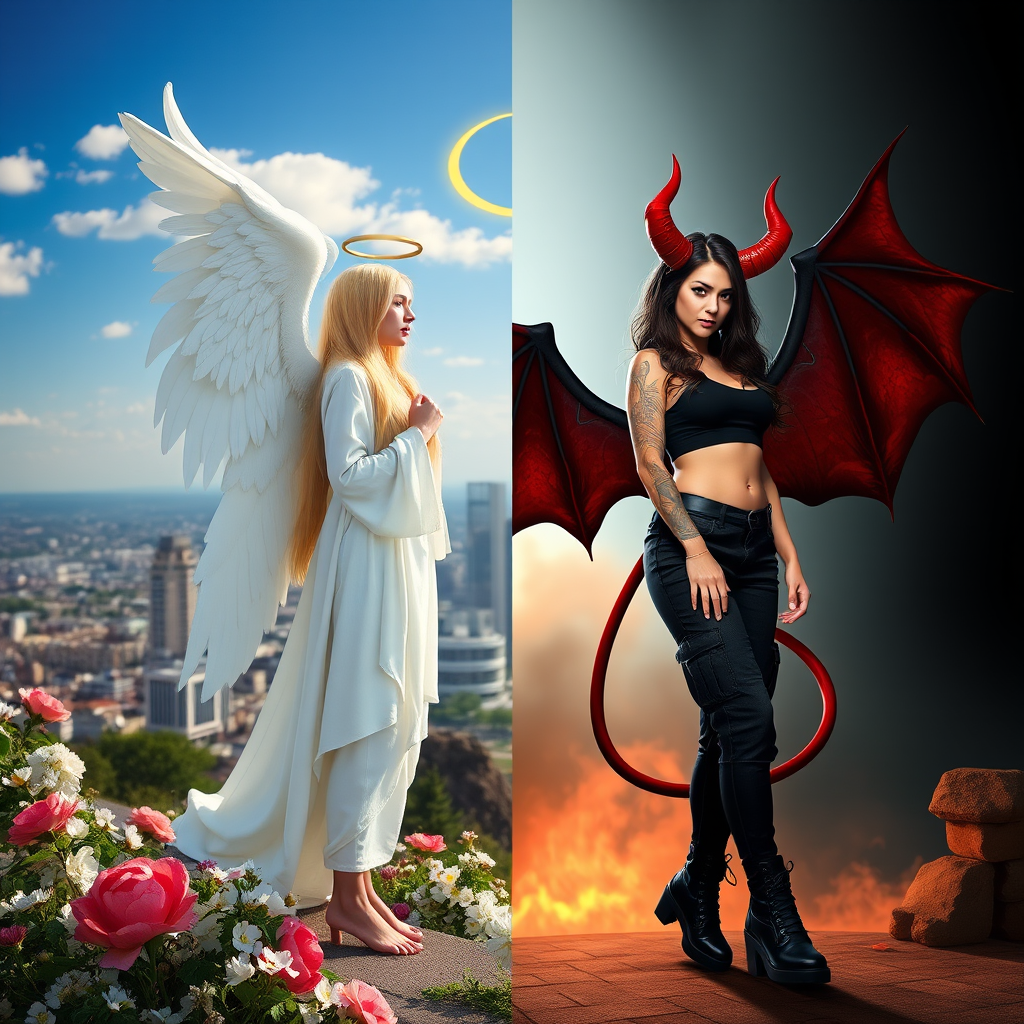 Create an image with a split composition, half representing an angel and half a demon. The angel is on the left, depicted with long, flowing blonde hair, a golden halo above her head, and wearing a white robe. She has large, feathered wings, and she's barefoot, standing amidst blooming flowers with a cityscape in the background under a clear blue sky with a few clouds. The demon is on the right, featuring long, wavy black and red hair, red horns on her head, and wearing a black crop top and black cargo pants. She has large, bat-like wings with red and black hues, and is wearing black combat boots. Her skin is adorned with tattoos. The background on the demon's side is dark and smoky, with hints of flames and a red tail curling behind her. Both figures stand back-to-back, creating a stark contrast between light and dark, good and evil.