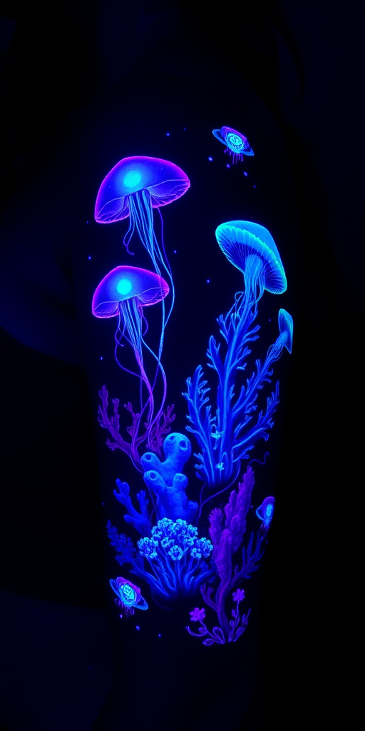 Mystical UV blacklight tattoo named "Bioluminescent Dreams" featuring hidden designs that only become visible under ultraviolet light depicting an ethereal underwater scene with glowing jellyfish coral formations and bioluminescent organisms rendered in specialized UV-reactive inks that appear as subtle off-white markings in normal lighting but burst into vibrant fluorescent colors when exposed to blacklight