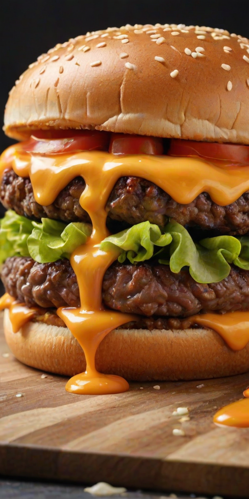 High-resolution, close-up image of a gourmet double cheeseburger. The burger features a glossy, sesame-seed-topped brioche bun. Inside, there are two thick, juicy beef patties, each topped with melted cheddar cheese. The burger is garnished with fresh lettuce, tomato slices, diced onions, and pickles. A generous amount of ketchup and a creamy, orange-colored sauce is dripping down the sides, adding to the mouth-watering appeal. In the background, there are blurred elements including a side of golden French fries and a hint of a beverage, enhancing the overall presentation of a delicious meal.
