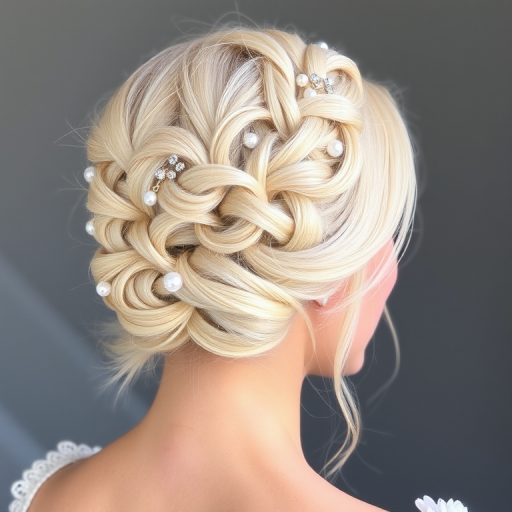 Ethereal Moonbeam Halo braid showcasing a crown of intricately woven platinum blonde hair, accented with shimmering pearl and crystal hair accessories