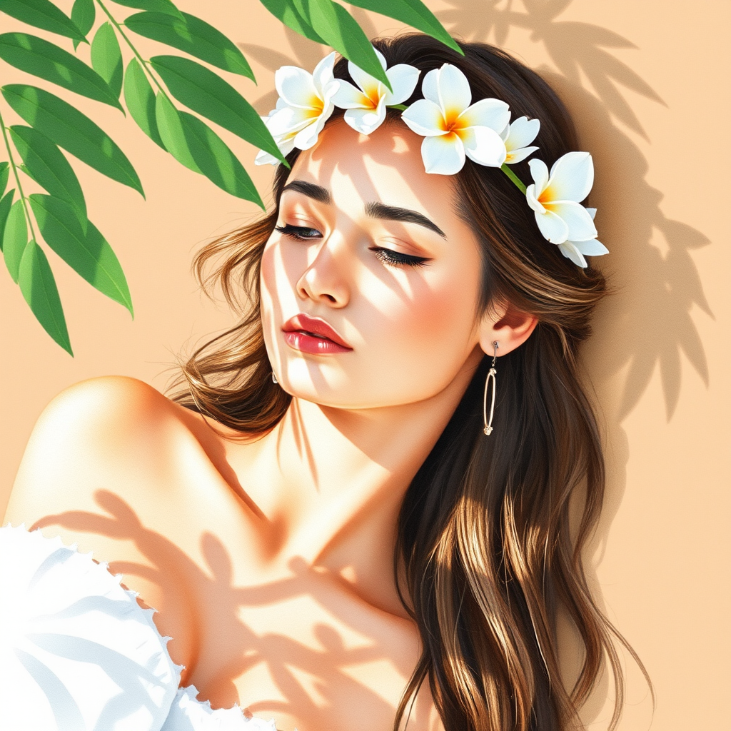 create a watercolor painting of an ethereal portrait of beautiful Hawaiian woman with a simple white flower crown on her head. Her hair is long and she is lying on the ground. The sunlight on the trees casts shadows from the leaves on her face and body. The background is a neutral brown color that matches her skin tone. The image is minimalist and solid colors. This style is characterized by soft, delicate brushstrokes and a light, airy, contrasting color palette. High level of detail and play of light