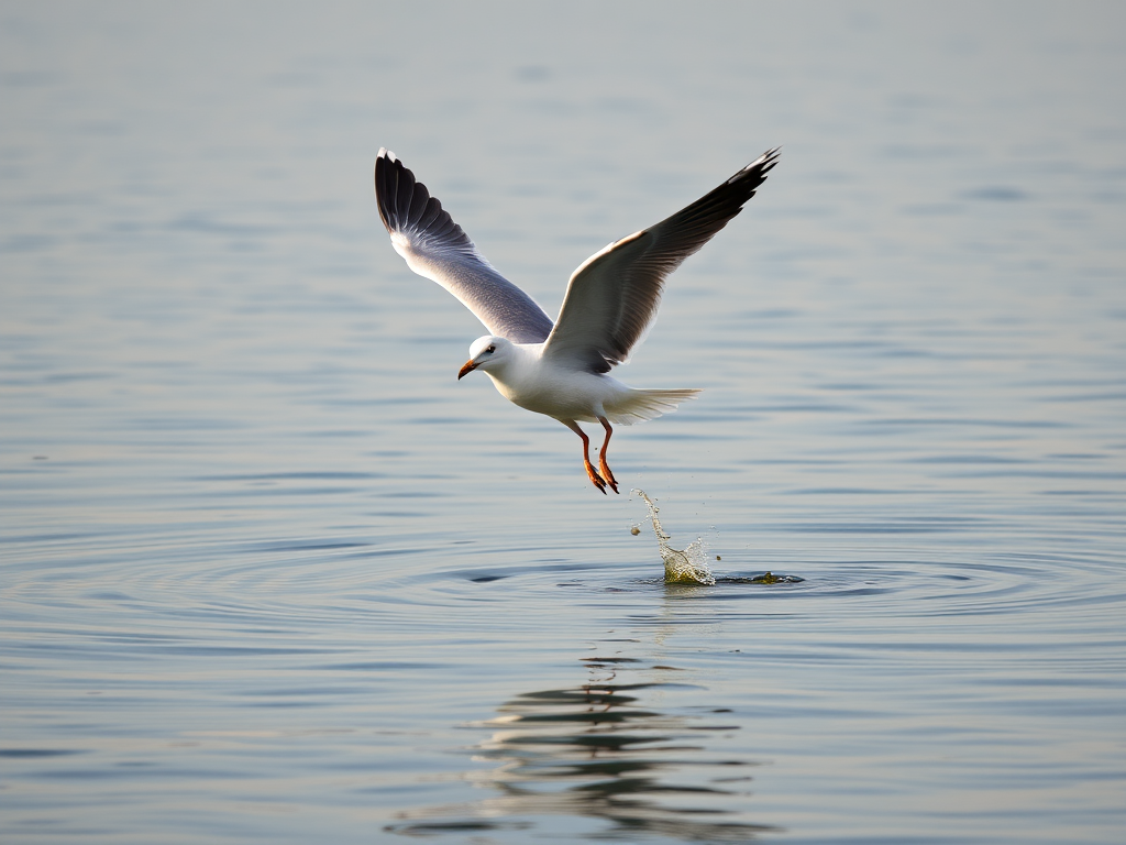 a seagull taking off from the surface of calm water with ripples and reflections, wings spread wide against a soft, neutral background