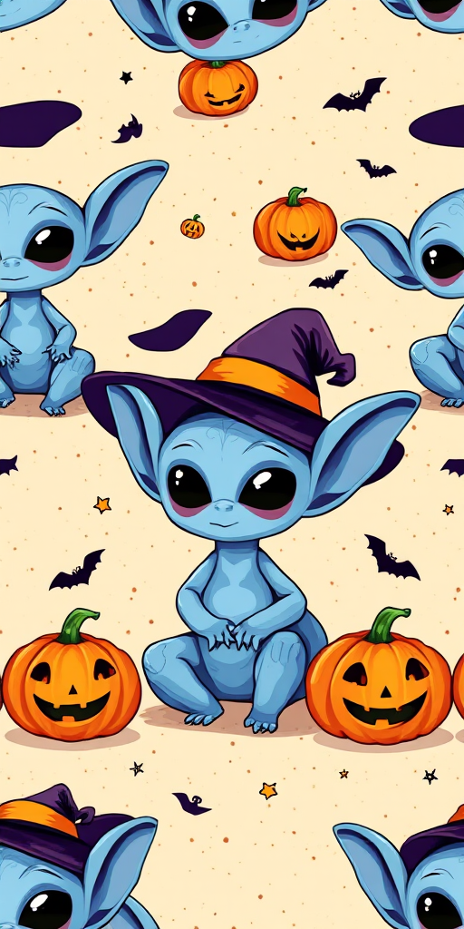 Create a seamless pattern featuring a cartoon character resembling an alien with large ears and blue skin interacting with pumpkins and wearing a witch hat. Include elements like smiling jack-o'-lanterns and small bats against a light orange speckled background.