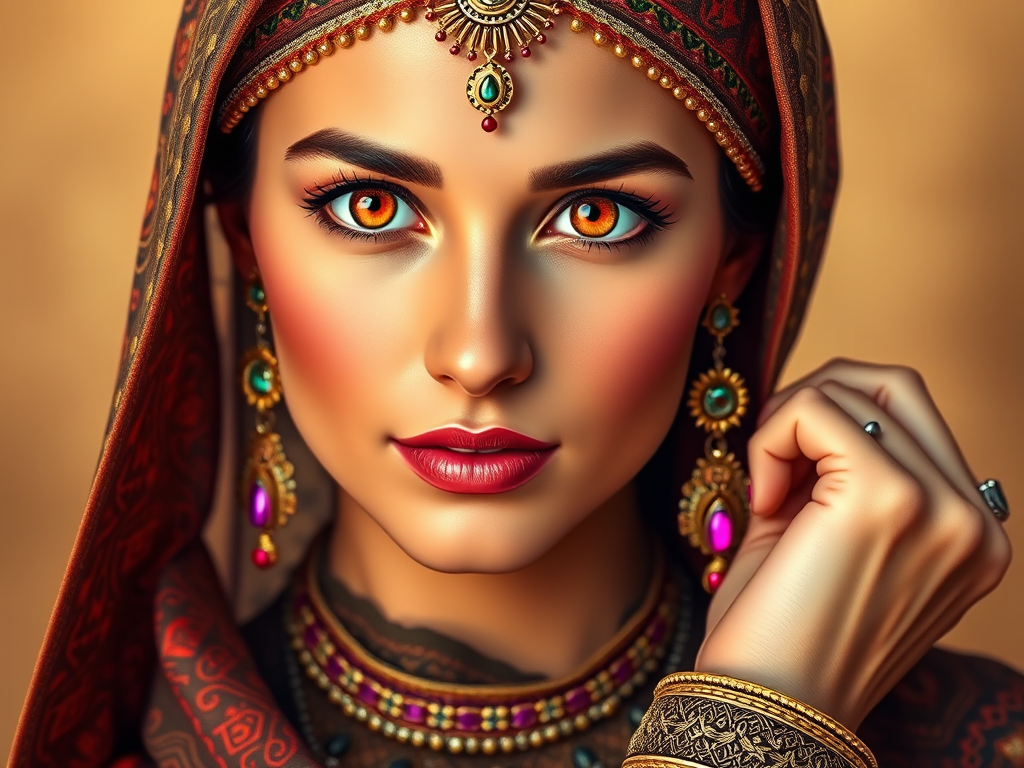 Create a portrait of a beautiful Arab woman with striking orange eyes and a gentle expression. She is adorned in traditional attire with intricate patterns, including a richly embroidered headscarf and matching garments. Her jewelry includes a delicate headpiece, dangling earrings, and ornate bracelets, all featuring vibrant gemstones and detailed metalwork. The background is soft and warm, enhancing the rich colors of her outfit and jewelry.