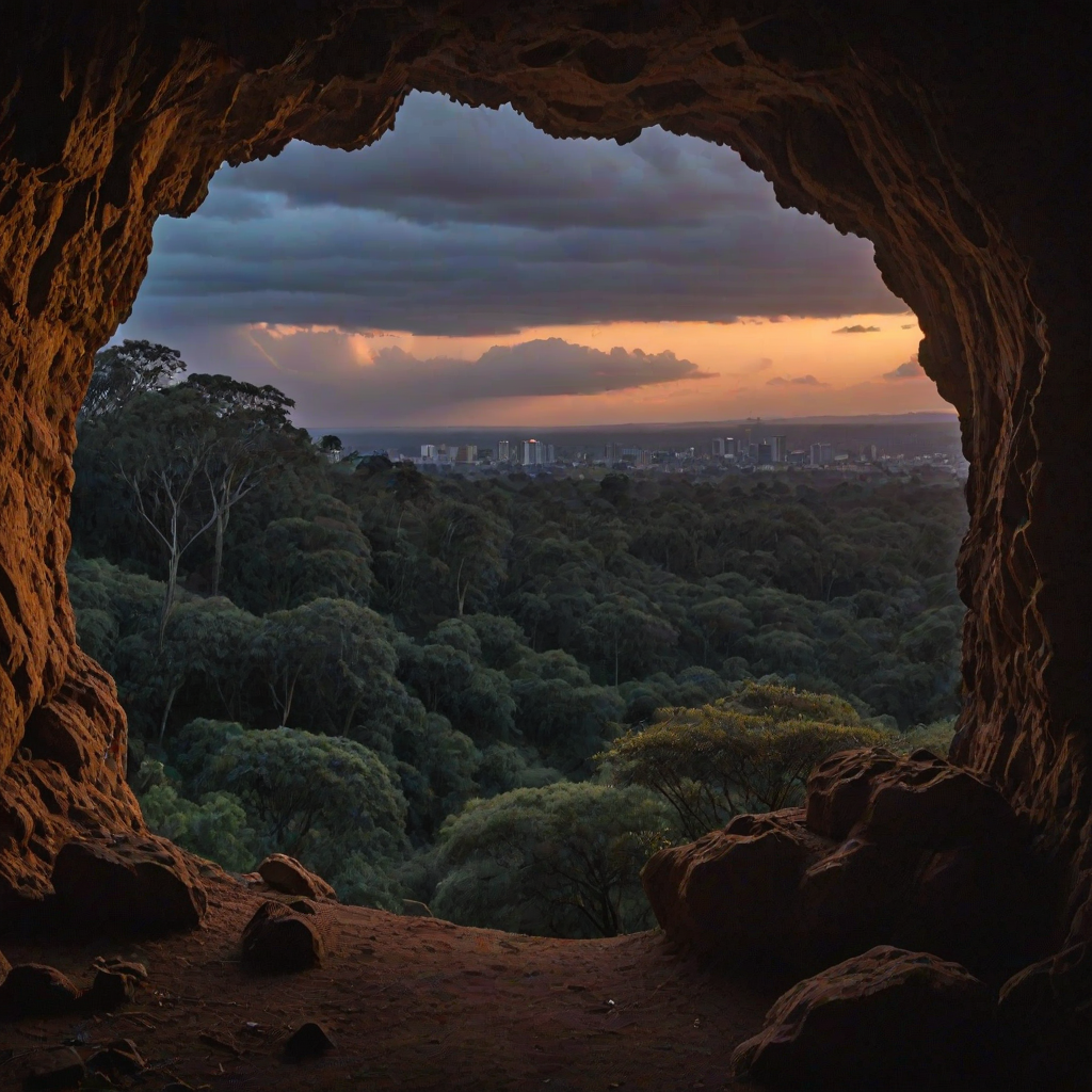 photograph, landscape of a Mythical Grotto from inside of a Harare, at Twilight, Depressing, Cloudpunk, Cold Lighting, dynamic, Nikon d850, Depth of field 270mm, Amaro, Golden ratio