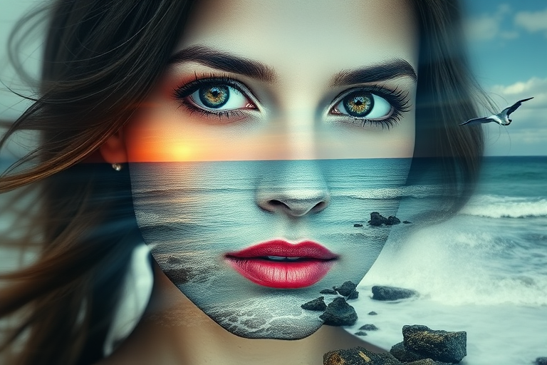 design Book cover, A surreal double exposure portrait that blends a woman's face with a beautiful seascape. The overall mood is dreamy and mystical, with rich colors and intricate details