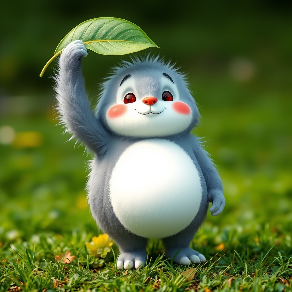 Create a whimsical cartoon illustration of a fluffy gray creature with a large white belly, standing on green grass, holding a green leaf above its head, captured in a soft focus with a 50mm lens at f/2.8 aperture, using a DSLR camera in natural light settings to enhance colors and details.