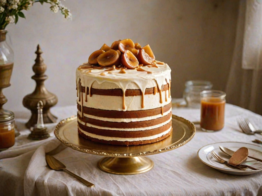 Create an image of a tall, layered cake displayed on a vintage gold cake stand. The cake should have a smooth, creamy frosting with a glossy caramel drizzle on top. Surround the cake with a rustic white tablecloth and a glass jar of caramel sauce in the background. Include some vintage utensils nearby for a charming touch.