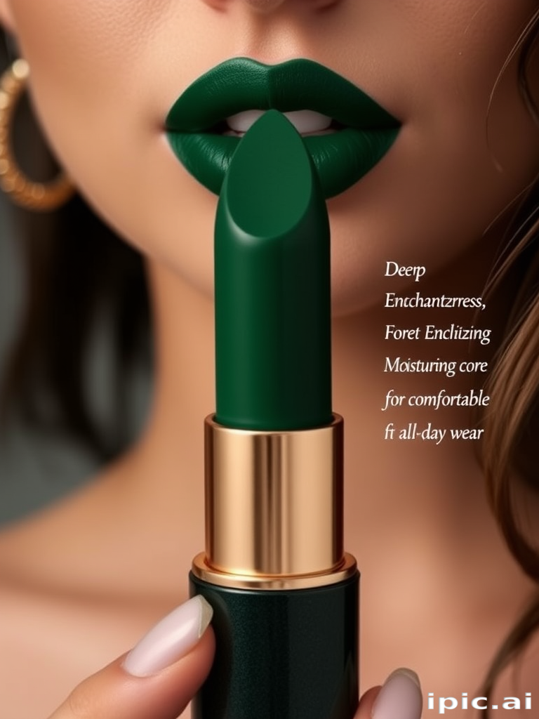 Deep emerald green lipstick with a satin finish, called "Forest Enchantress," featuring a moisturizing core for comfortable all-day wear