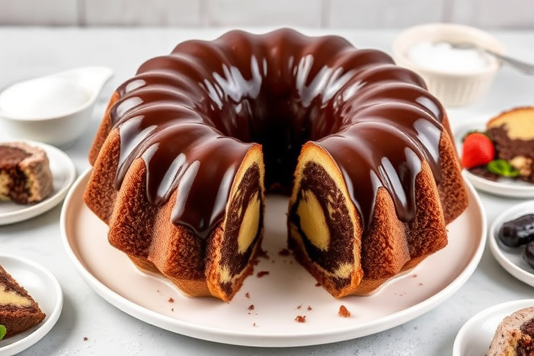 A beautifully decorated bundt cake with a glossy chocolate glaze and a marbled chocolate and vanilla interior served on a white plate surrounded by slices on small plates and bowls of sugar in the background.