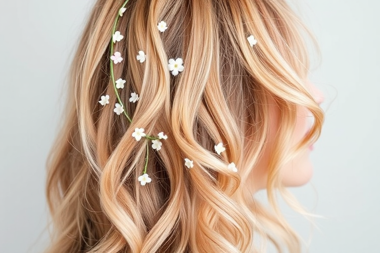 Soft rose gold tresses styled in the "Blush Blossom" fashion cascade in loose beach waves, adorned with tiny fresh flowers woven throughout for a romantic springtime look