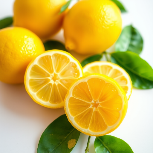 four fresh lemons, two whole and two halved, on a white surface with green leaves, natural light, shallow depth of field, macro lens, DSLR camera, f/2.8 aperture, ISO 100, 1/60s shutter speed, vibrant colors.