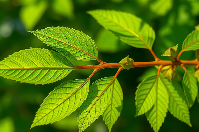 Create an image of a detailed green leaf branch with various shades of green, photographed with a DSLR camera at f/4 aperture, ISO 100, 50mm lens, in natural light with a macro view.