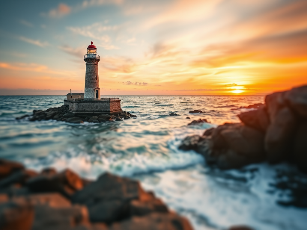 Soft-focus image of a historical lighthouse overlooking a rocky coastline, soft waves crashing against the shore, and a vibrant sunset casting colors across the sky.