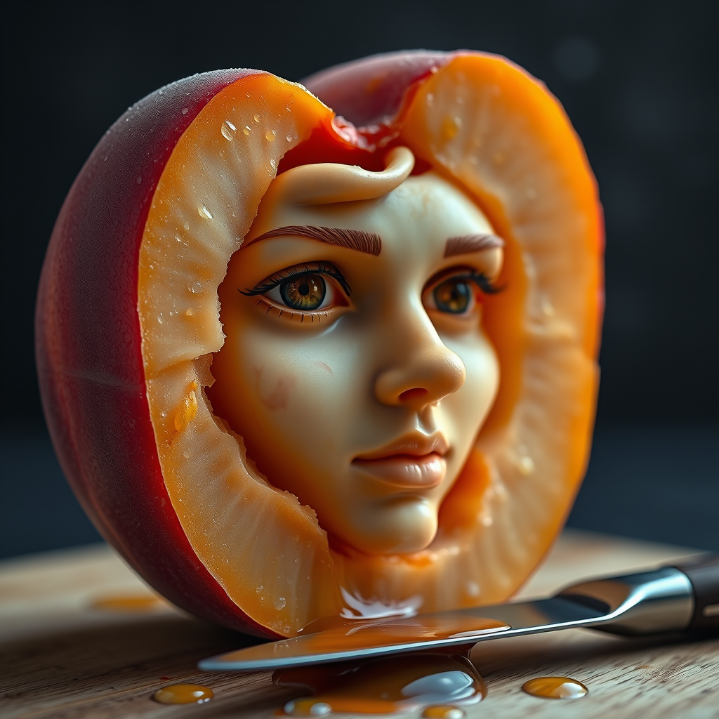 A hyperdetailed photorealistic macro color saturated high resolution image of a peach cut in half, with the peach pit being a highly detailed sculpted woman's face with her eyes open and peach-colored irises. The face has a marble texture. The image includes condensation, moisture, and peach juice. The peach is on a wooden cutting board with a small fruit knife nearby, also covered with juice.