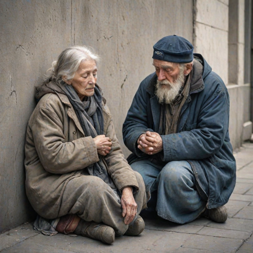 beautifully weathered old homeless veteran sitting on the ground slumping against the wall of a building with his eyes closed. there is an Ethereal, translucent figure of a beautiful elderly woman comforting him
