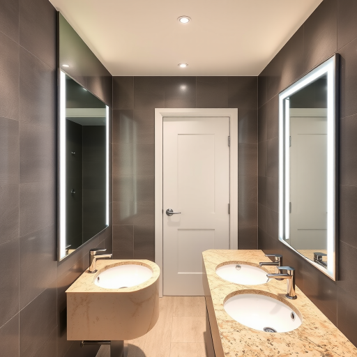 Public bath, basins of Beige granite, large mirror, white door without window, hidden lights in the ceiling walls, gray ceramic walls