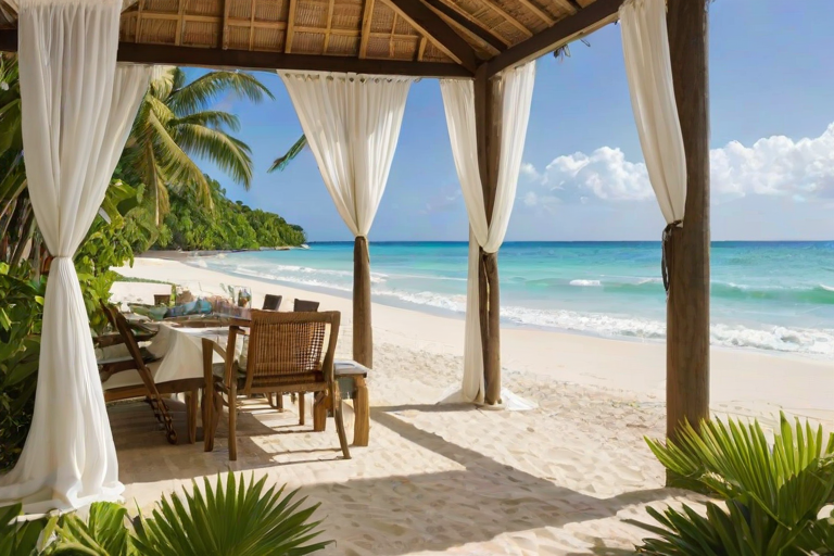 Create a picturesque tropical beach scene featuring a serene, white sandy shore. In the foreground, there's a rustic wooden canopy with white drapes gently flowing in the breeze. Underneath the canopy, a table is set with tropical decor, evoking a sense of relaxation and leisure. The beach extends into a calm, shallow water area with reflections of the sky and surroundings. Palm trees and lush greenery line the edge of the beach, providing a natural, tropical backdrop. The sky is clear with a few scattered clouds, and the overall atmosphere is tranquil and inviting, perfect for a peaceful retreat.