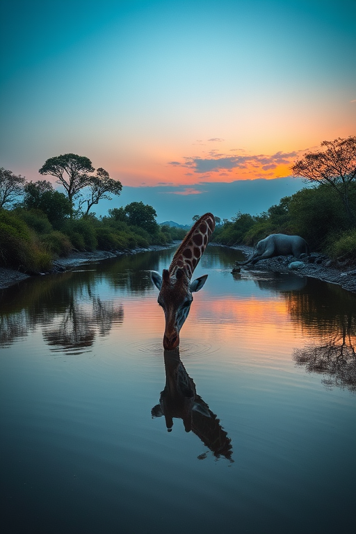 giraffe drinking from a river at sunset with reflections in the water, 50mm lens, f/1.8, ISO 200, shutter speed 1/200s, wide angle view, natural light photography, digital camera