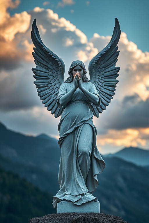 Regenerate an ethereal angel statue holding a glowing orb set against a mountainous landscape with dramatic clouds, using a full-frame DSLR camera, aperture f/2.8, shutter speed 1/500s, ISO 100, with a wide-angle lens, capturing a serene yet powerful atmosphere.