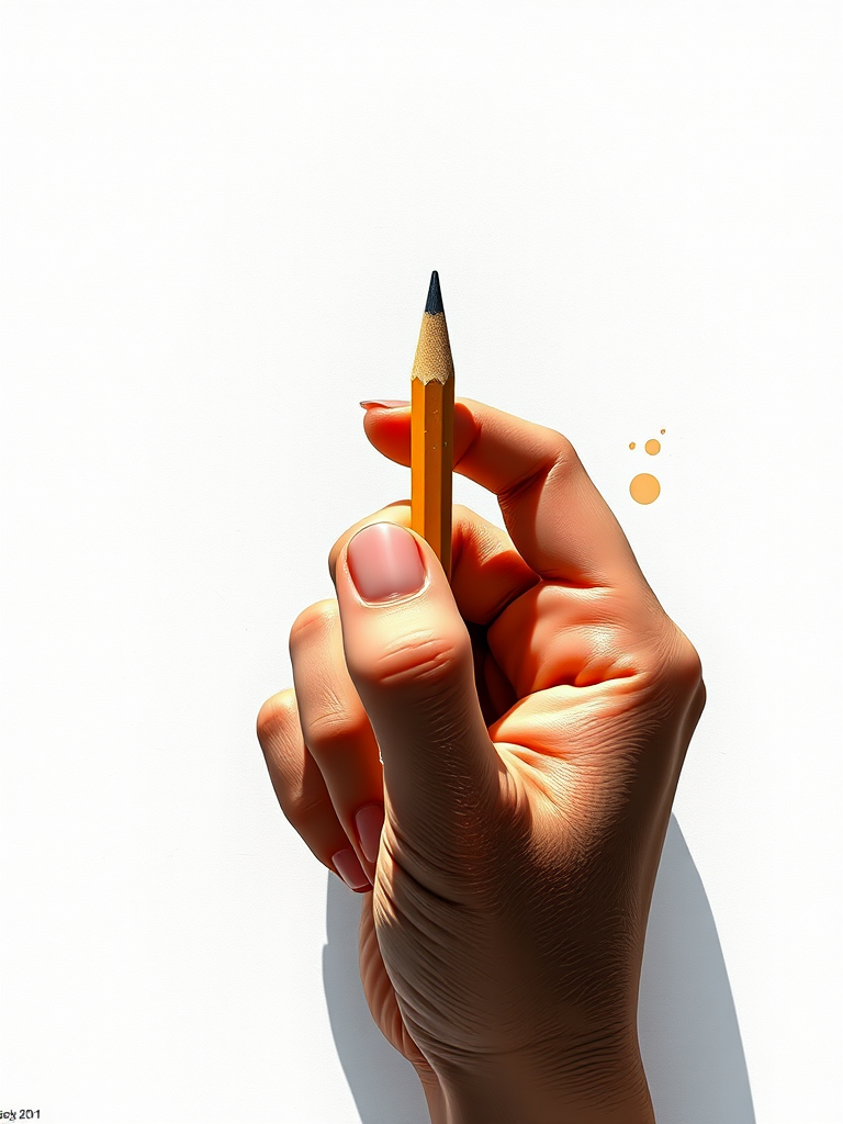 Create a high-resolution illustration of a hand holding a pencil, with a focus on realistic shading and texture, captured using a Canon EOS R5, 85mm lens, f/1.8 aperture, ISO 100, natural light setup.