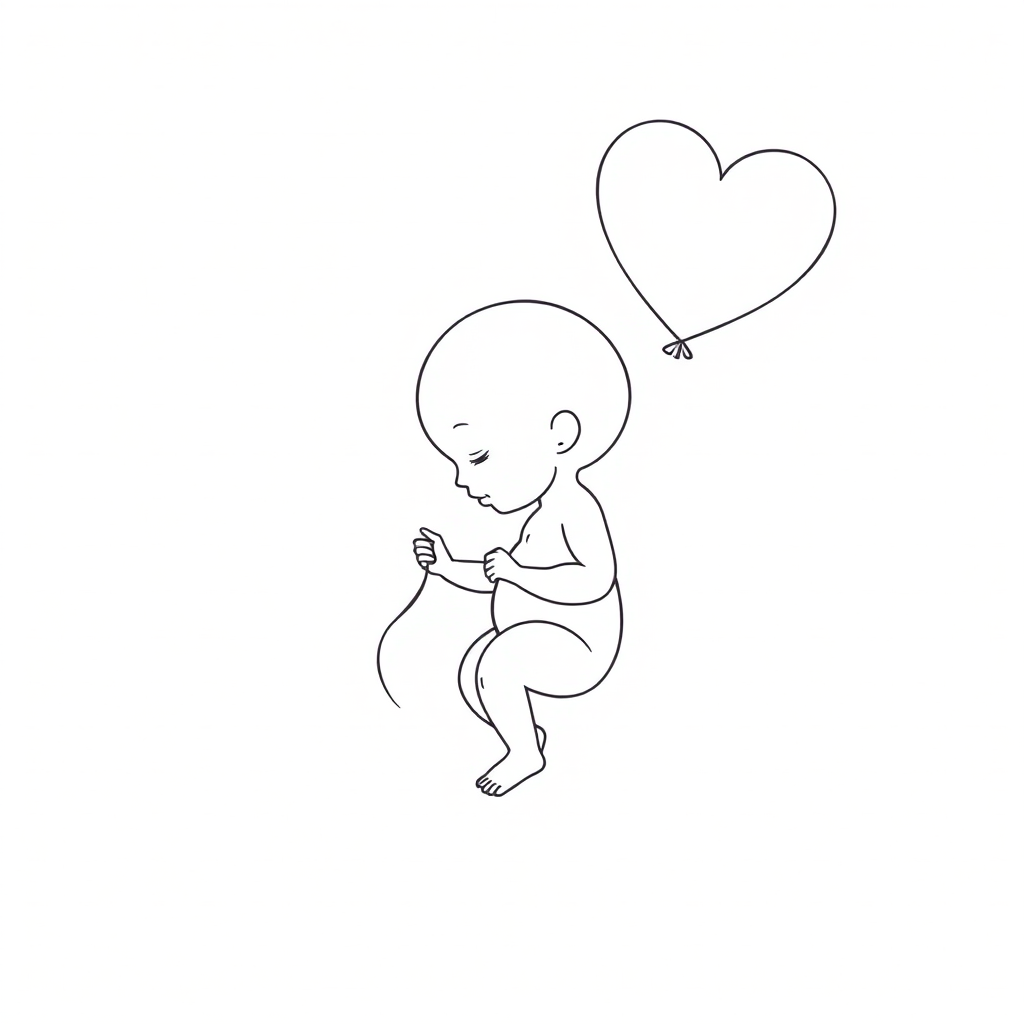 Create a minimalist line art illustration of a fetus holding a heart-shaped balloon, focus on smooth, flowing lines, camera settings 50mm lens, f/2.8 aperture, 1/125 shutter speed, natural lighting, top-down view, digital illustration style.