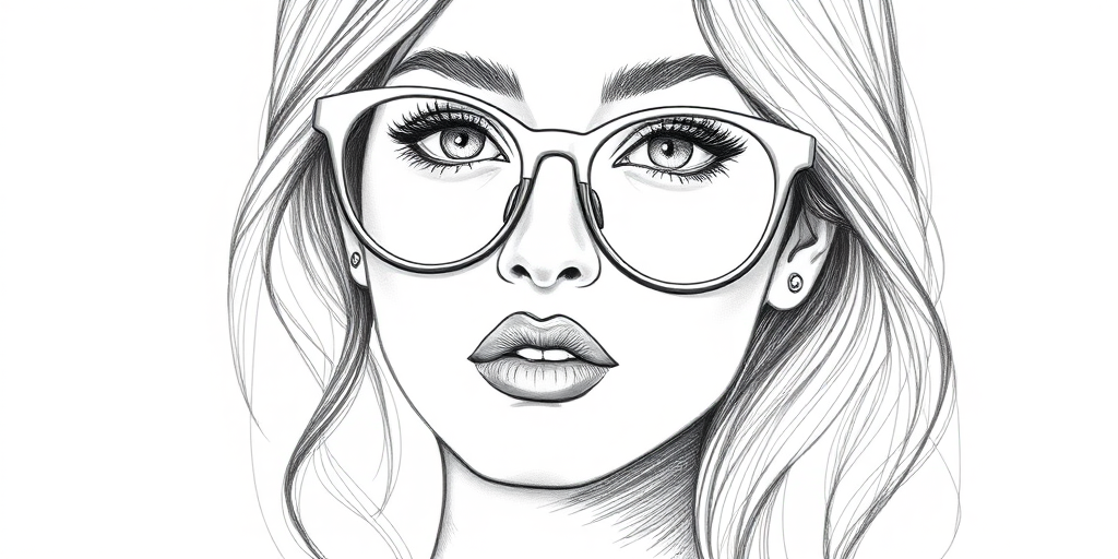 hot mia khalifa, pencil sketch, portrait of beautiful woman 60s in glasses, hair style beatnik, outline, clear lines, fine lines, 8k