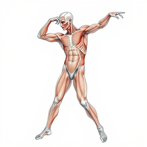 Create a highly detailed anatomical illustration of a human figure in a dynamic pose, showcasing muscle structure and definition, shot in high-resolution with a DSLR camera, using a 50mm lens, f/2.8 aperture, ISO 100, and natural lighting for enhanced texture and clarity.