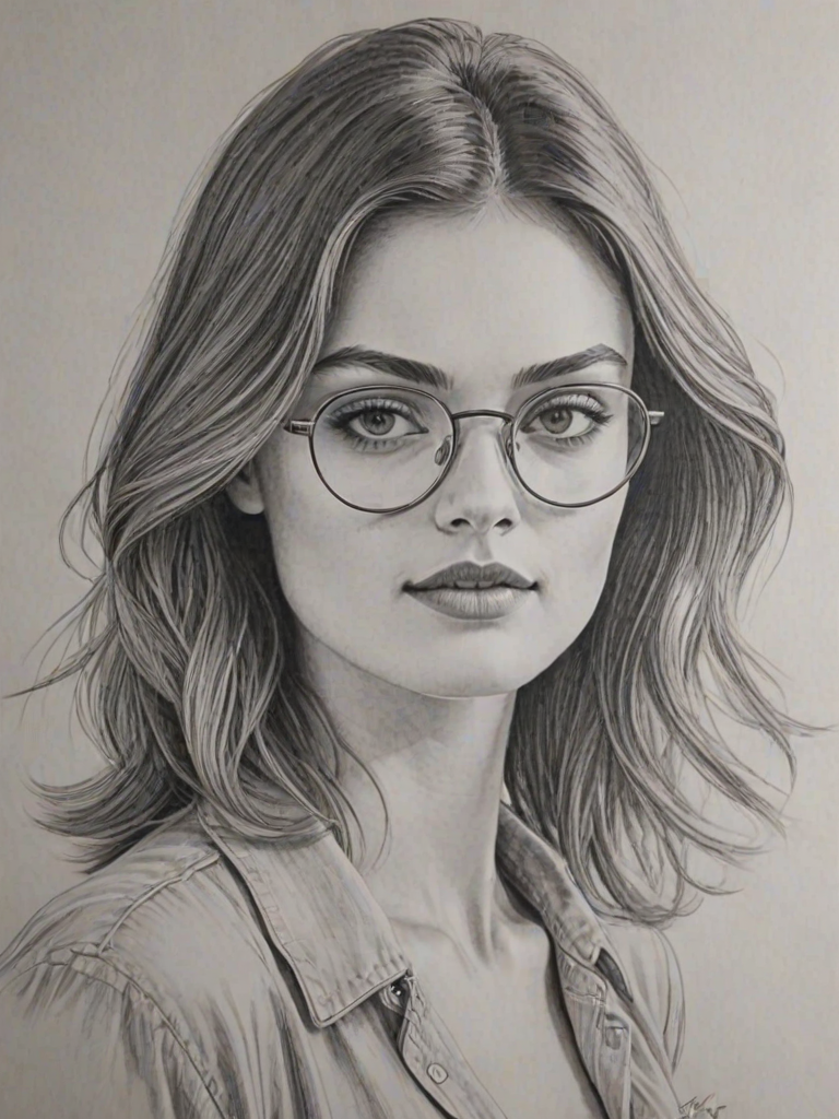 Gorgeous Phoebe Tonkin, pencil sketch, portrait of Graceful woman 1978s in glasses, hair style beatnik, outline, clear lines, fine lines, 8k