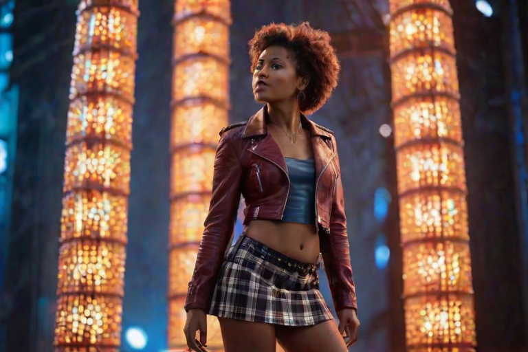 a african woman with sexy pose,Short curly pixie cut,Red,dressed in a studded leather jacket with a plaid mini skirt and knee-high boots,In the Crystal Spire at the Apex of Elemental Convergence,bokeh professional 4k highly detailed,Canon eos 5d mark 4,Ambient lighting,
