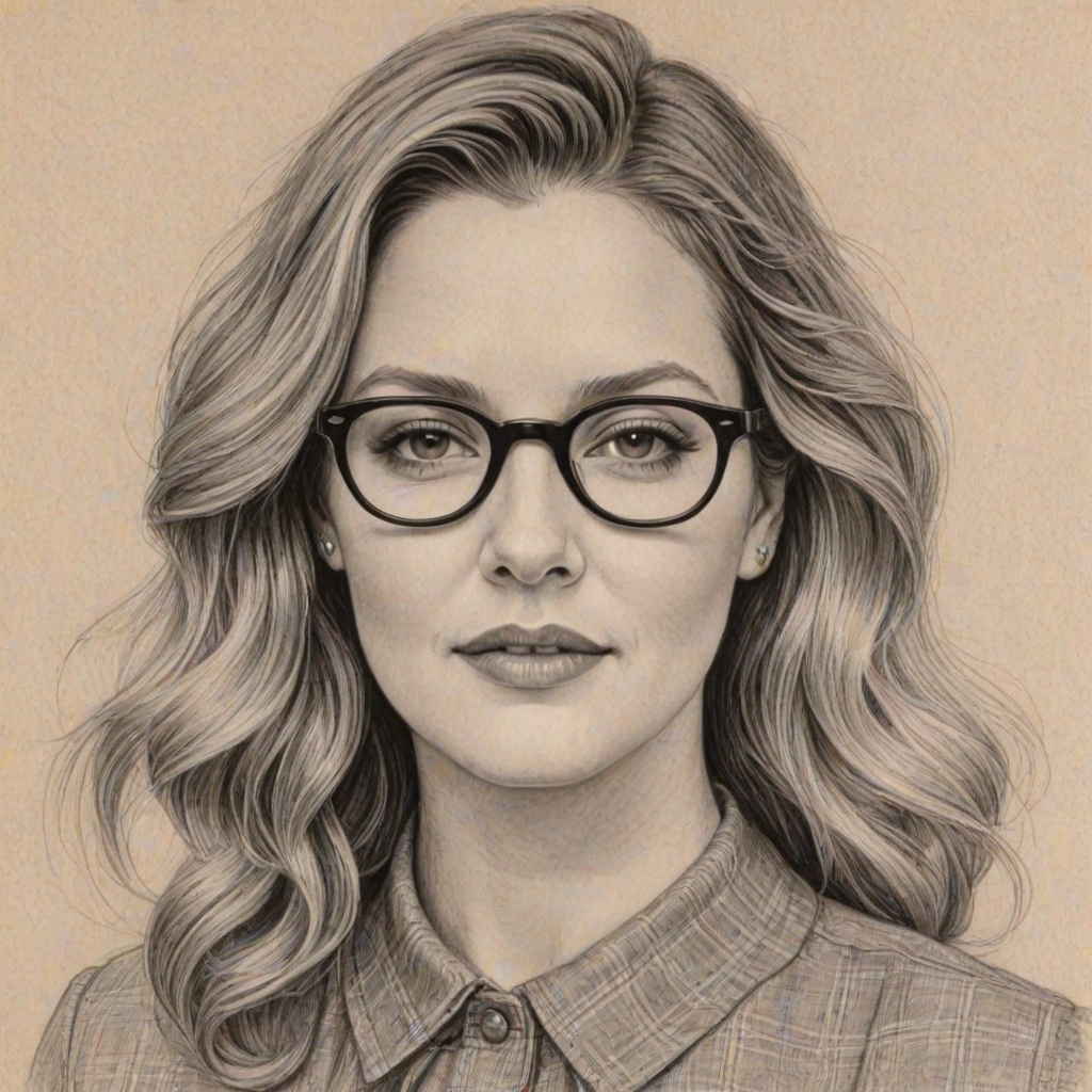 Bewitching Drew Barrymore, pencil sketch, portrait of Resplendent woman 1961s in glasses, hair style beatnik, outline, clear lines, fine lines, 8k