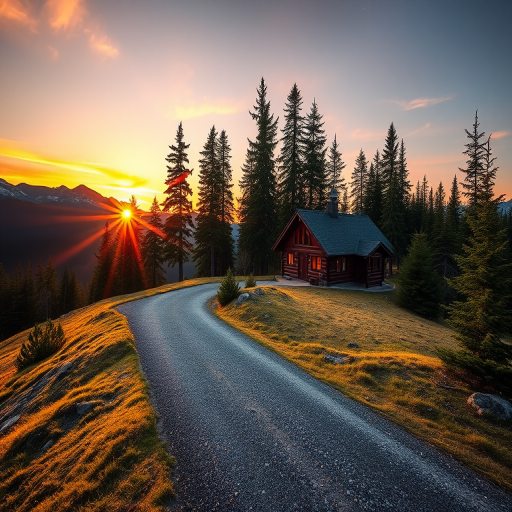 Landscape of a serene mountain scene during sunset with a winding gravel path leading to a cozy cabin surrounded by tall evergreen trees, captured with a Canon EOS 5D Mark IV, f/8 aperture, ISO 200, 24mm focal length, using a wide-angle lens, in vibrant colors and high dynamic range.