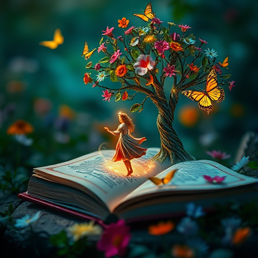 A mystical scene of an enchanted book with a dancing figure and a glowing tree, surrounded by vibrant flowers and butterflies, captured with a DSLR camera at f/2.8, ISO 100, 50mm lens, macro view, soft focus style, and low light settings for enhanced clarity and depth.