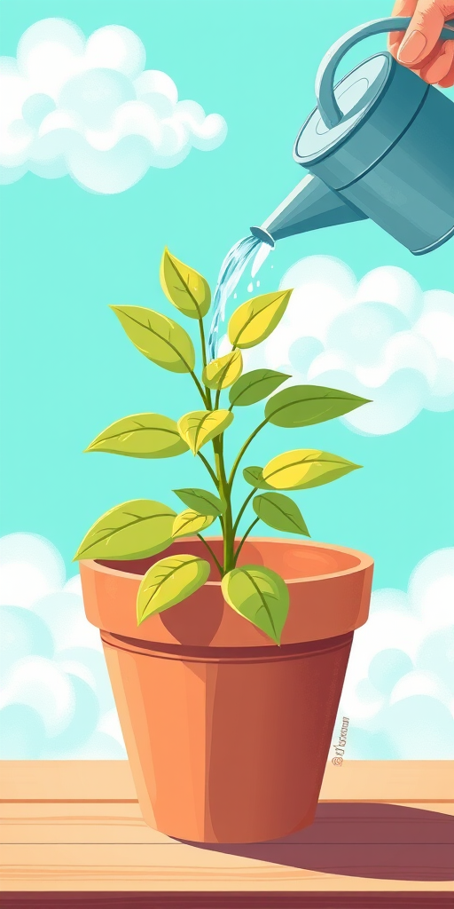 create an illustration of a potted plant being watered, set against a bright turquoise background with soft, fluffy clouds, use a high-resolution digital art style, camera settings 50mm lens, f/4 aperture, ISO 100, view from slightly above to capture the plant and watering can clearly, with vibrant colors and a whimsical feel.