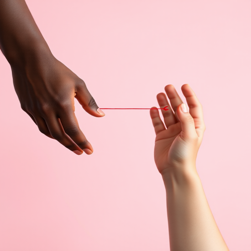 Generate an image of two hands reaching towards each other, one dark skin and one light skin, connected by a red thread, minimalistic style, soft pink background, shot with a Canon EOS R5, 50mm lens, f/1.8 aperture, natural lighting, high resolution.