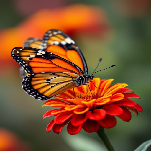 Generate an image of a butterfly with orange and black wings perched on a vibrant red and yellow flower, surrounded by a softly blurred background that enhances the colors of the butterfly and the flower.