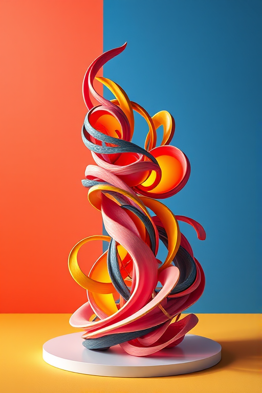 Create a hyper-detailed, vibrant 3D abstract sculpture with swirling shapes and bold colors, using a Canon EOS R5, 35mm lens, f/2.8 aperture, 1/200 sec shutter speed, vibrant colors, soft studio lighting, and a low angle perspective, set against a minimalist background with contrasting colors.