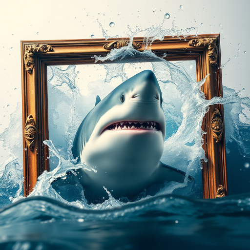 Create a hyper-realistic image of a great white shark breaking through a vintage picture frame, with dramatic splashes of water, using a Canon EOS R5 with a 24-70mm f/2.8 lens, at an aperture of f/4, ISO 100, shutter speed 1/200s, shot from a slightly low angle to emphasize the shark's action and intensity.