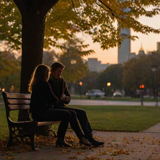 Low-light, candid image of a couple sitting on a park bench at dusk, softly lit by a nearby streetlamp, leaves gently falling around them, their hands intertwined, soft shadows from the trees surrounding them, a distant city skyline barely visible on the horizon.