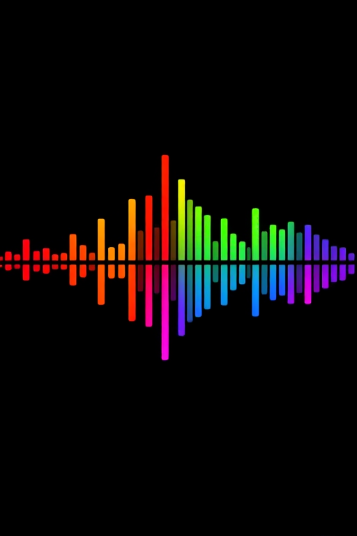Create a high-resolution digital art image of an abstract audio waveform with vibrant colored bars in red, orange, yellow, green, blue, and purple on a black background, using a Canon EOS R6 camera with an ISO of 100, aperture of f/4, and a shutter speed of 1/60 seconds, ensuring a clear and sharp focus while maintaining a symmetrical composition.
