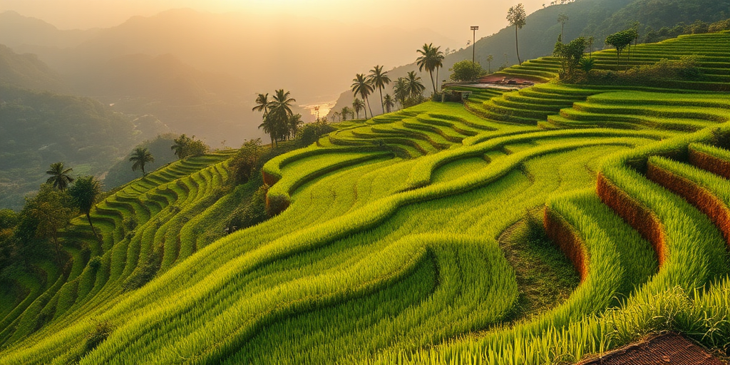 Generate a high-resolution image of lush green terraced rice fields on a mountainside during golden hour with soft, diffused light, using a Canon EOS 5D Mark IV, ISO 100, aperture f/8, shutter speed 1/200 sec, focal length 24mm, taken from a slightly elevated angle for a panoramic view.
