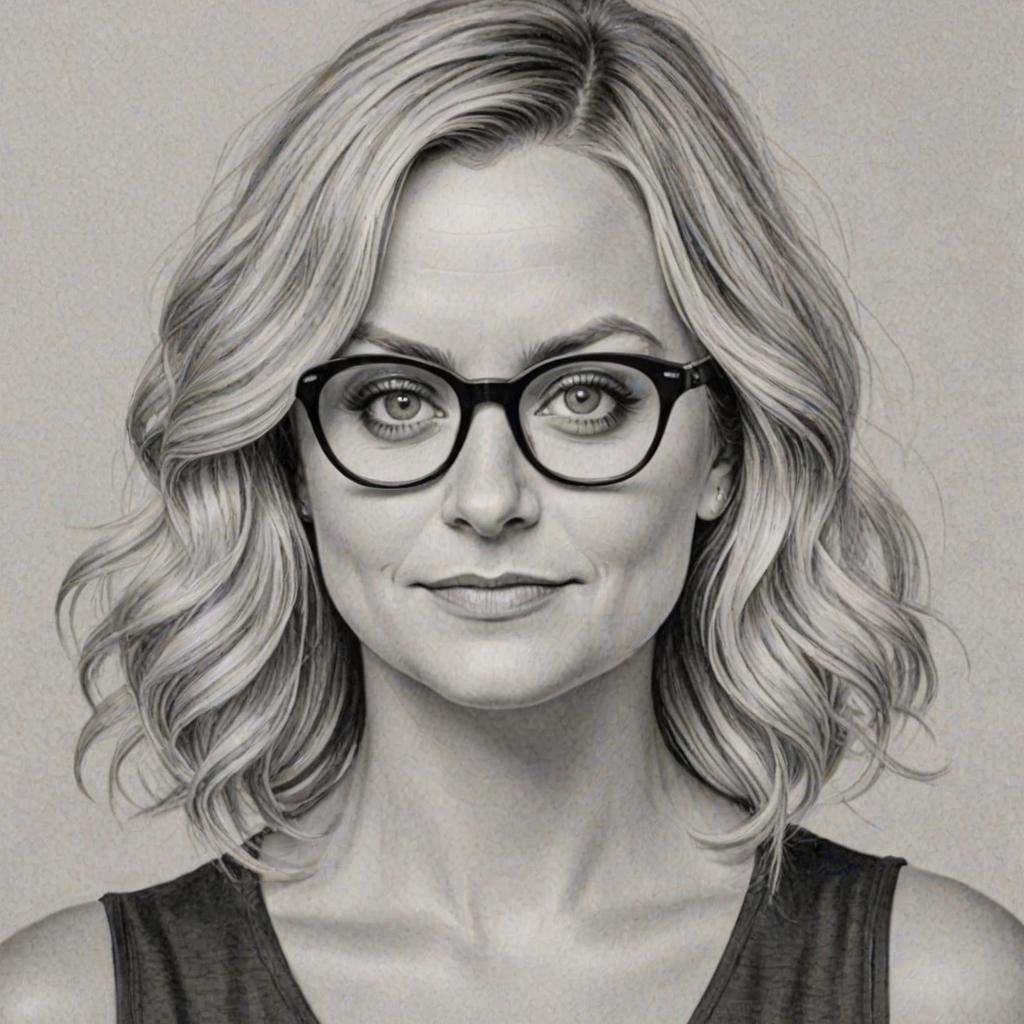 Captivating Amy Poehler, pencil sketch, portrait of Enticing woman 1922s in glasses, hair style beatnik, outline, clear lines, fine lines, 8k