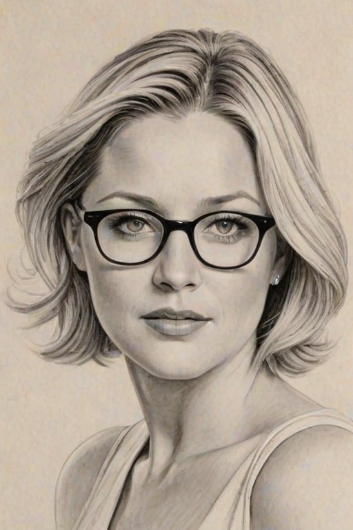 Alluring Jessica Capshaw, pencil sketch, portrait of Fetching woman 1931s in glasses, hair style beatnik, outline, clear lines, fine lines, 8k